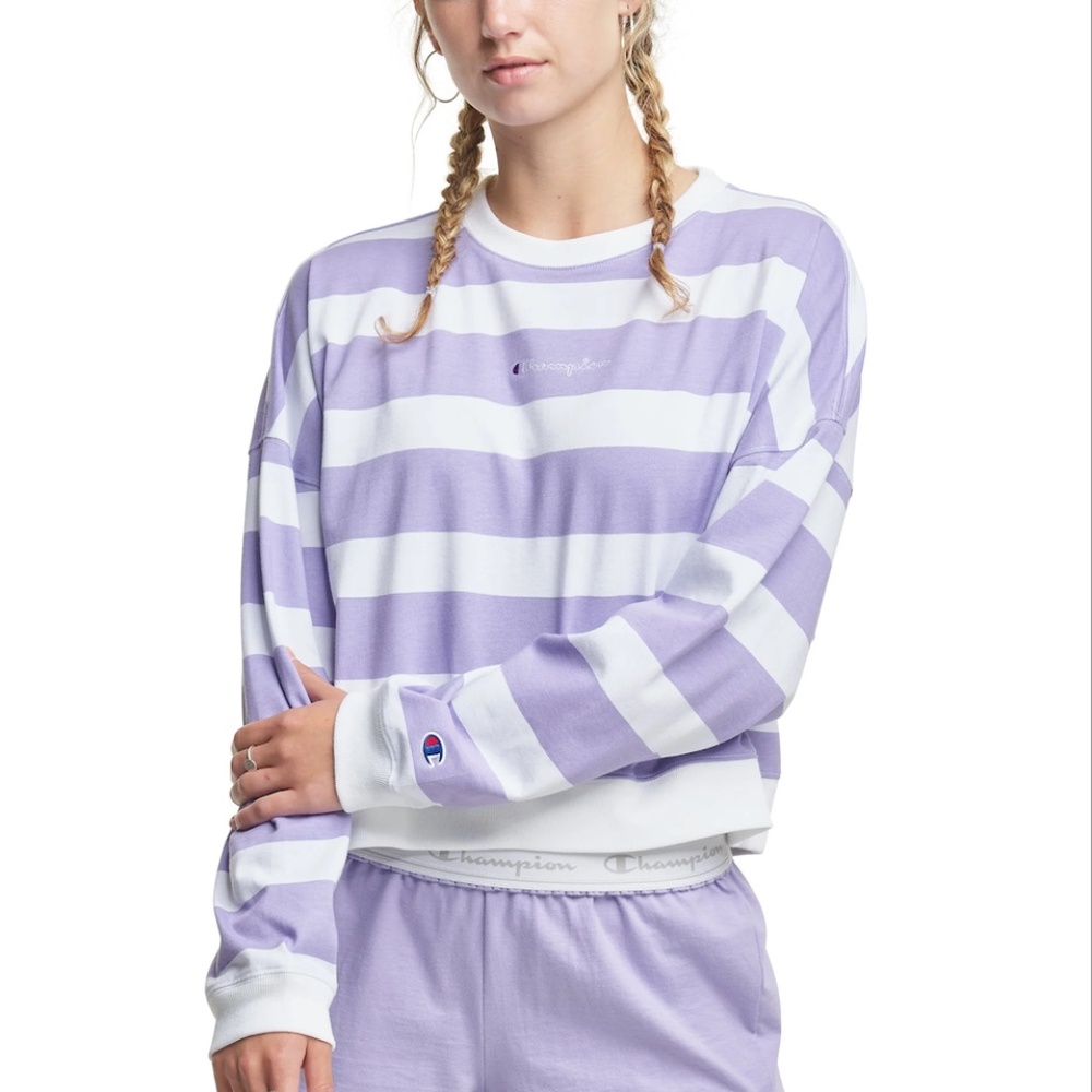 Champion Women's Purple/White Stripe Crop Long Sleeve Crewneck Top, size Large